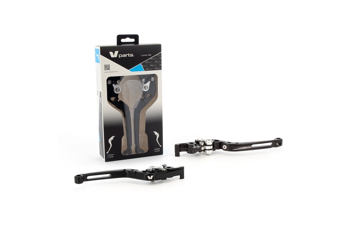Leviers V PARTS repliables 177mm taillé masse noir/visserie alu avec adaptateurs par paire Honda