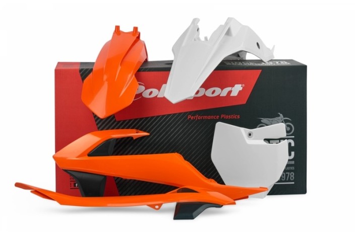 Kit plastique POLISPORT avec cache boîte à air/plaques latérales couleur origine (2016) KTM SX65