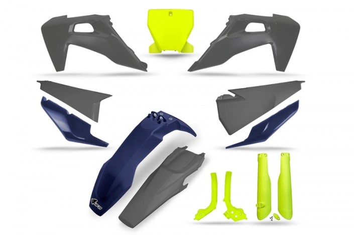 Kit plastiques UFO jaune fluo/bleu/gris - Husqvarna