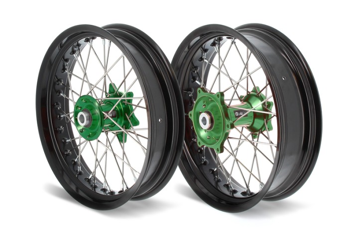 Kit roues complètes avant + arrière ART SM 17x3,50/17x4,50 jante noir/moyeu vert Kawasaki