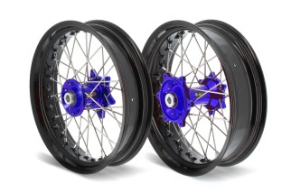 Kit roues complètes avant + arrière ART SM 17x3,50/17x4,50 jante noir/moyeu bleu Yamaha