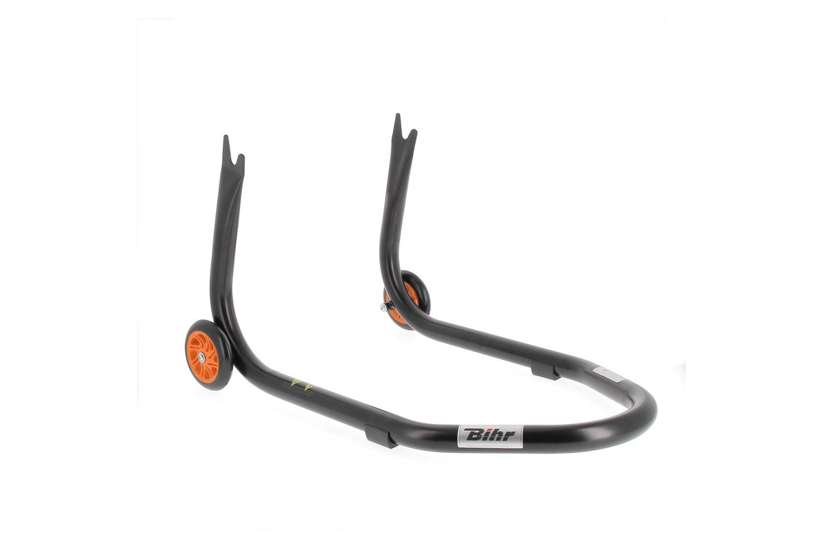 Béquille de stand arrière BIHR Home Track fixe supports en "V" noir mat roues orange