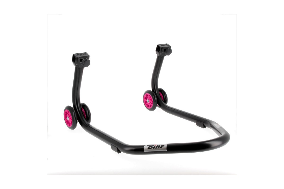 Béquille de stand arrière BIHR Home Track supports en "V" noir mat roues rose