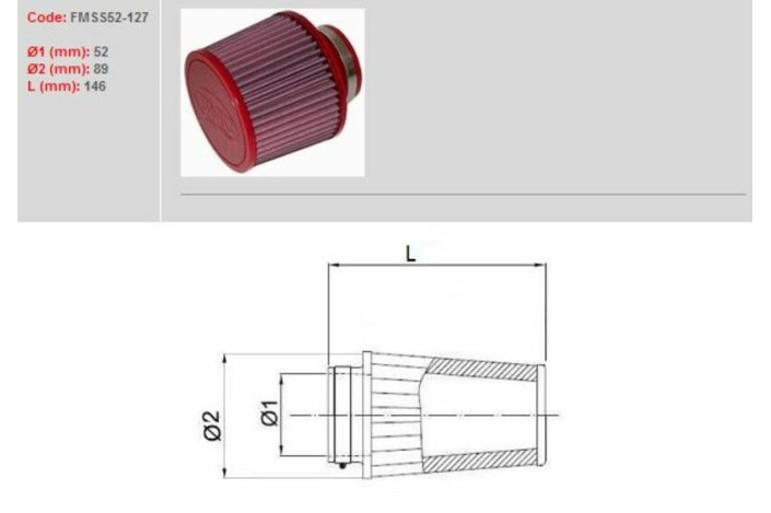 Filtre à air BMC conique Ø52mm - FMSS52-127