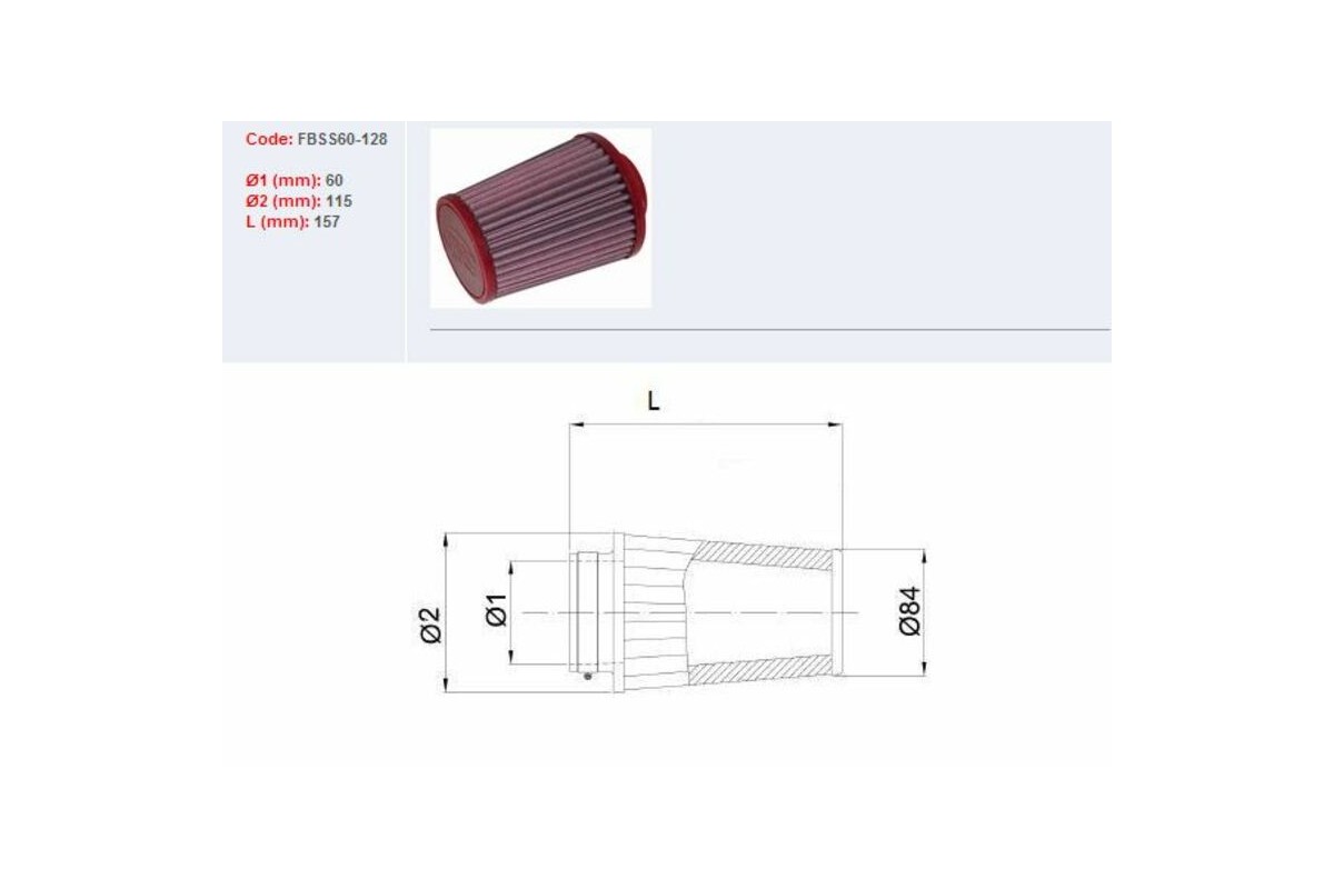 Filtre à air BMC conique Ø60mm - FBSS60-128