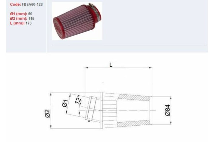 Filtre à air BMC conique Ø60mm - FBSA60-128