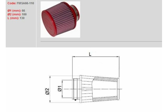 Filtre à air BMC conique Ø66mm - FMSA66-110